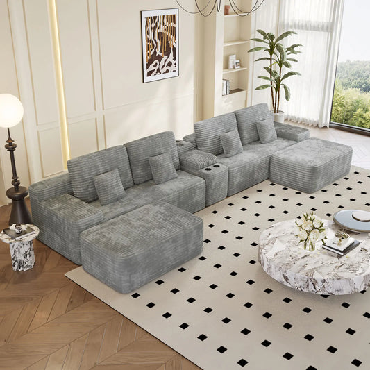 Light Grey Comfy U-Shaped Sectional Sofa Bed with 2 Foldable Ottomans Plush Corduroy Fabric for Living Room