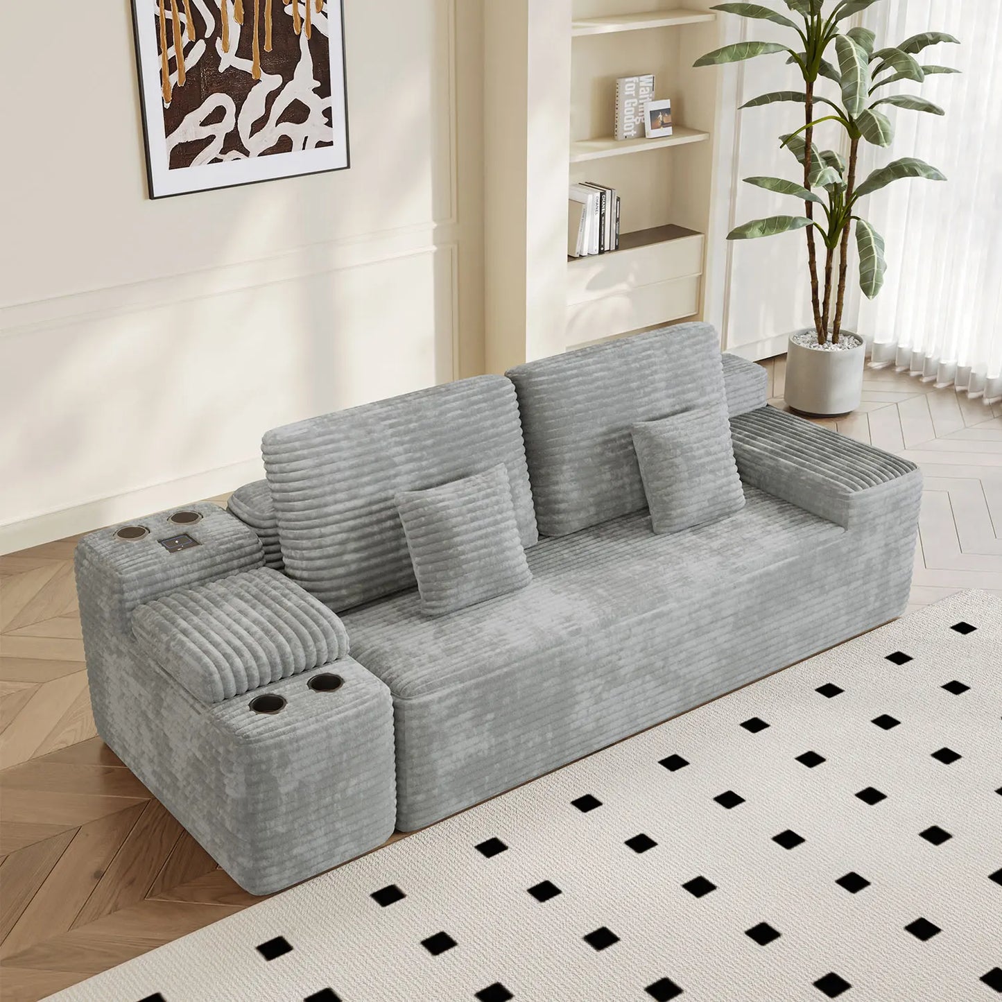 Light Grey Comfy U-Shaped Sectional Sofa Bed with 2 Foldable Ottomans Plush Corduroy Fabric for Living Room