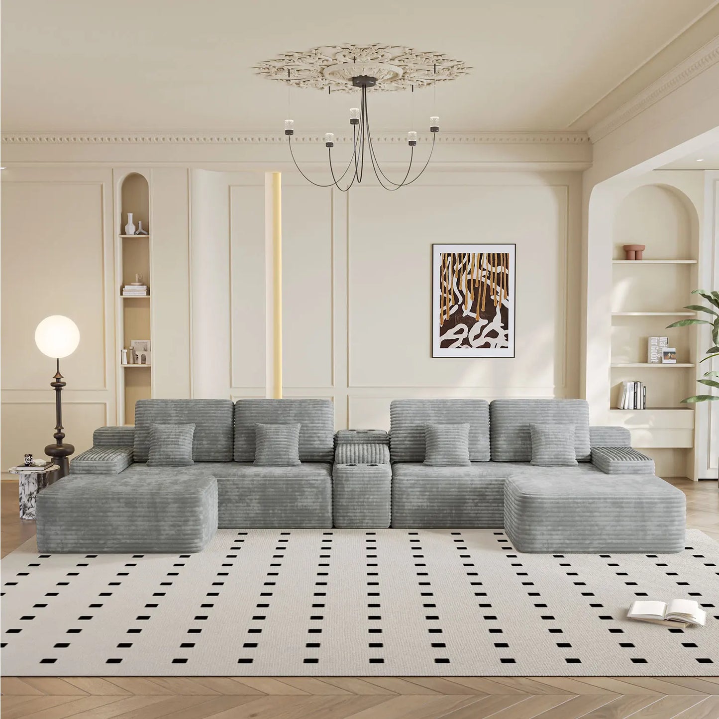 Light Grey Comfy U-Shaped Sectional Sofa Bed with 2 Foldable Ottomans Plush Corduroy Fabric for Living Room
