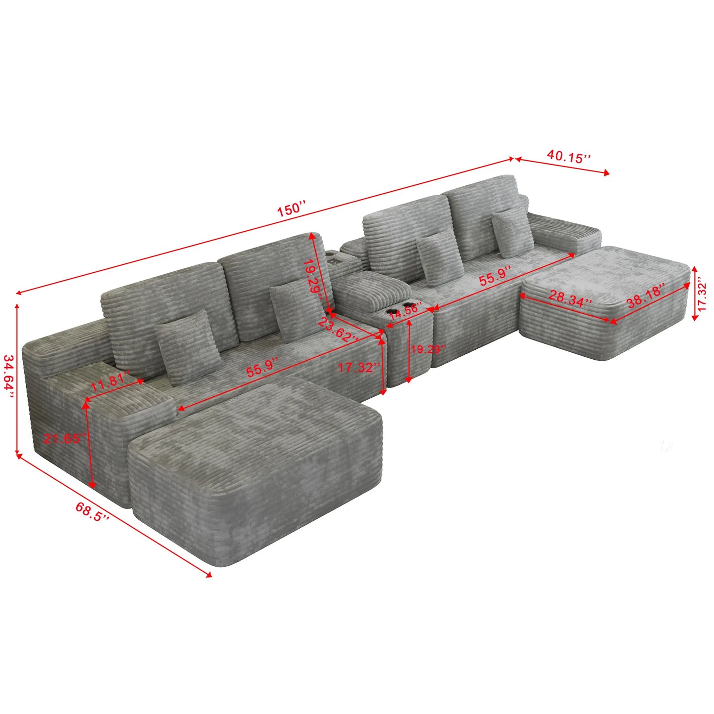 Light Grey Comfy U-Shaped Sectional Sofa Bed with 2 Foldable Ottomans Plush Corduroy Fabric for Living Room